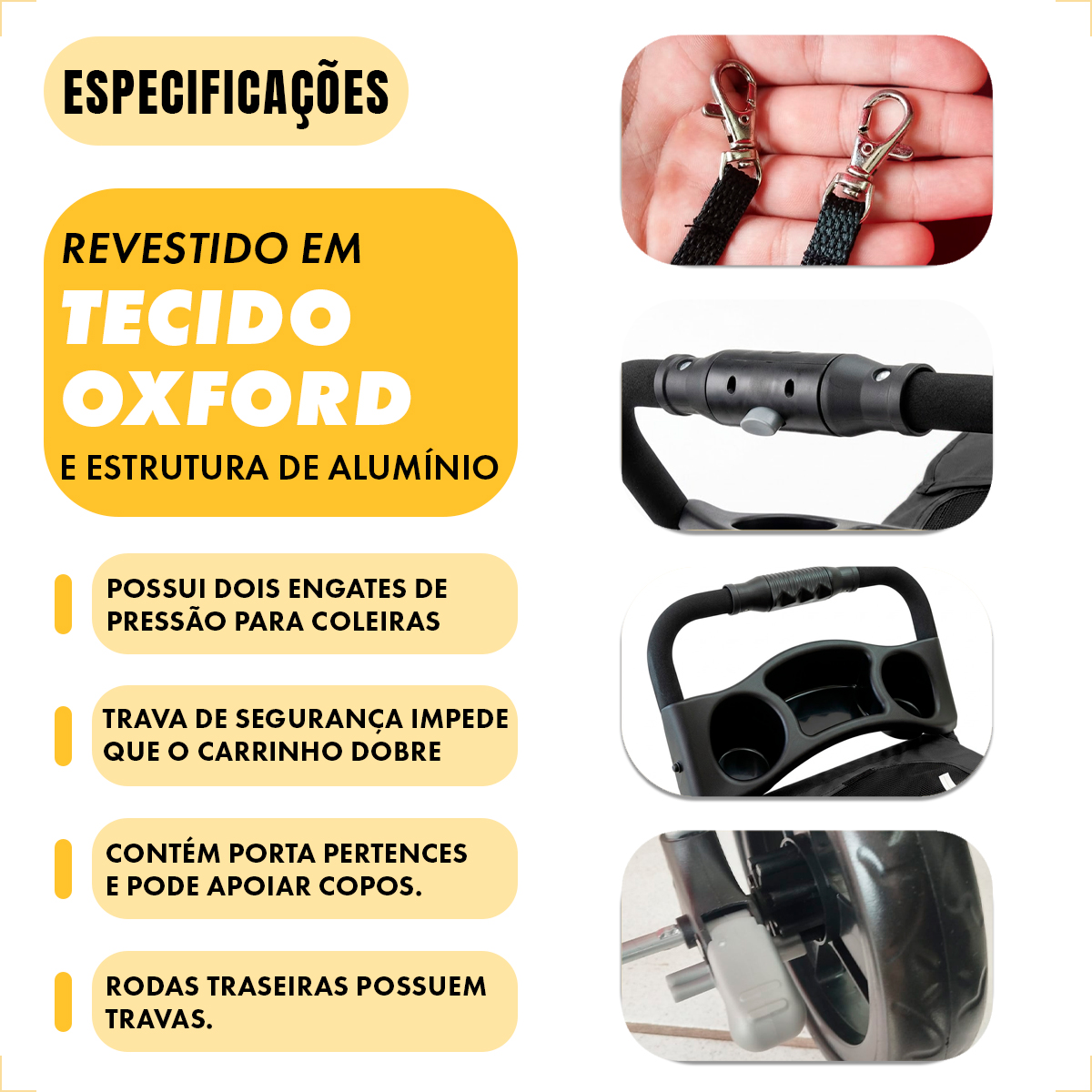 CARRINHO DE PASSEIO TRANSPORTE PET CÃS E GATOS ATÉ 15KG - Preto — foto 4