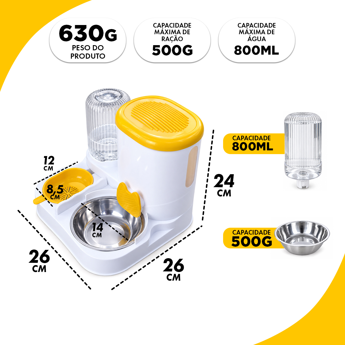 Comedouro e Bebedouro Duplo Automático 800 ML - Amarelo — foto 3
