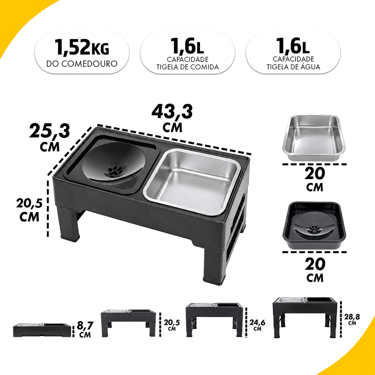 Comedouro e Bebedouro Elevado Cães e Gatos - Inox — foto 3