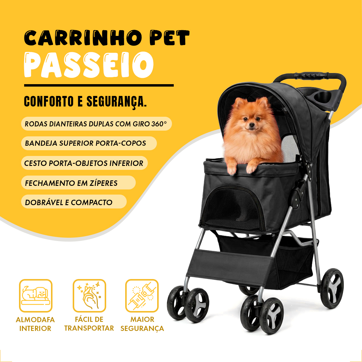 CARRINHO DE PASSEIO TRANSPORTE PET CÃS E GATOS ATÉ 15KG - Preto — foto 5