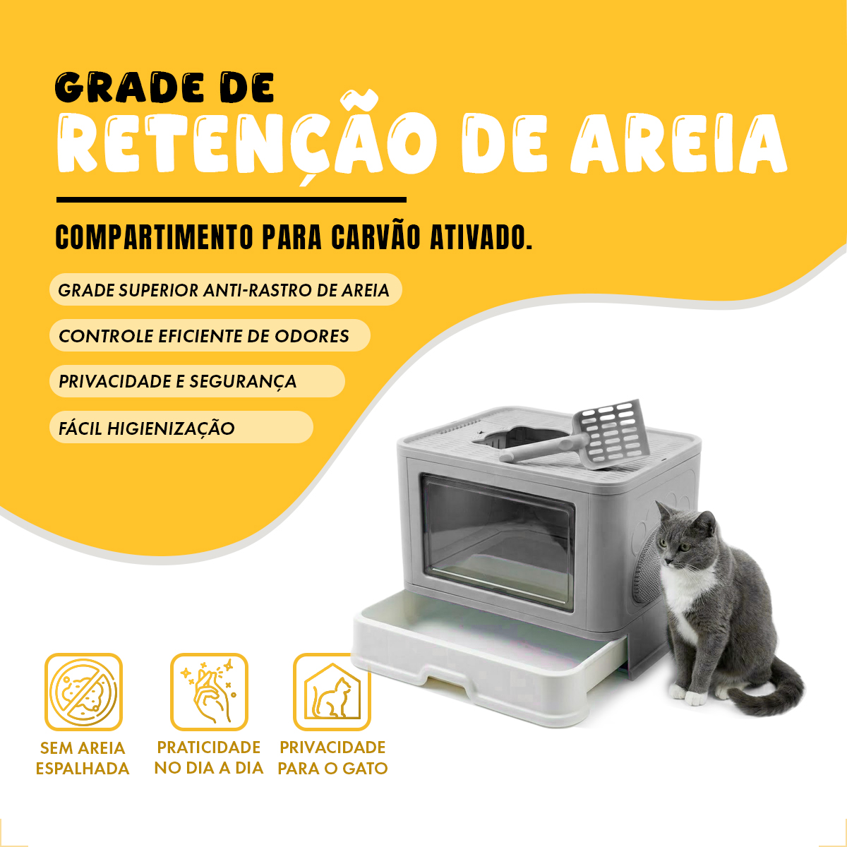Banheiro Gato Fechado  Anti-odor + Pá + Coçadinha Luxo - Cinza — foto 3